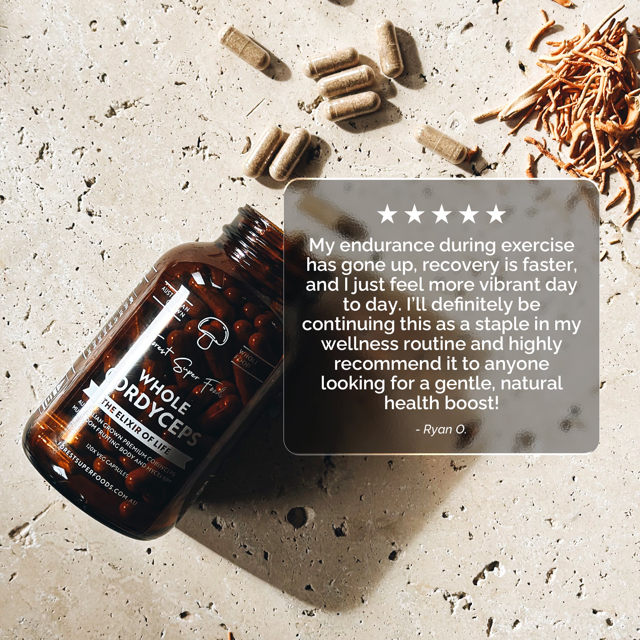 Australian Grown Cordyceps Mushroom bottle with capsules and dried mushrooms supporting natural energy and endurance by Forest Super Foods