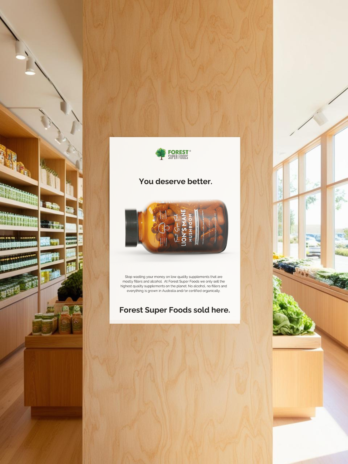 Wholesale Instore Posters featuring a Forest Super Foods Lions Mane Mushroom bottle promoting quality organic supplements