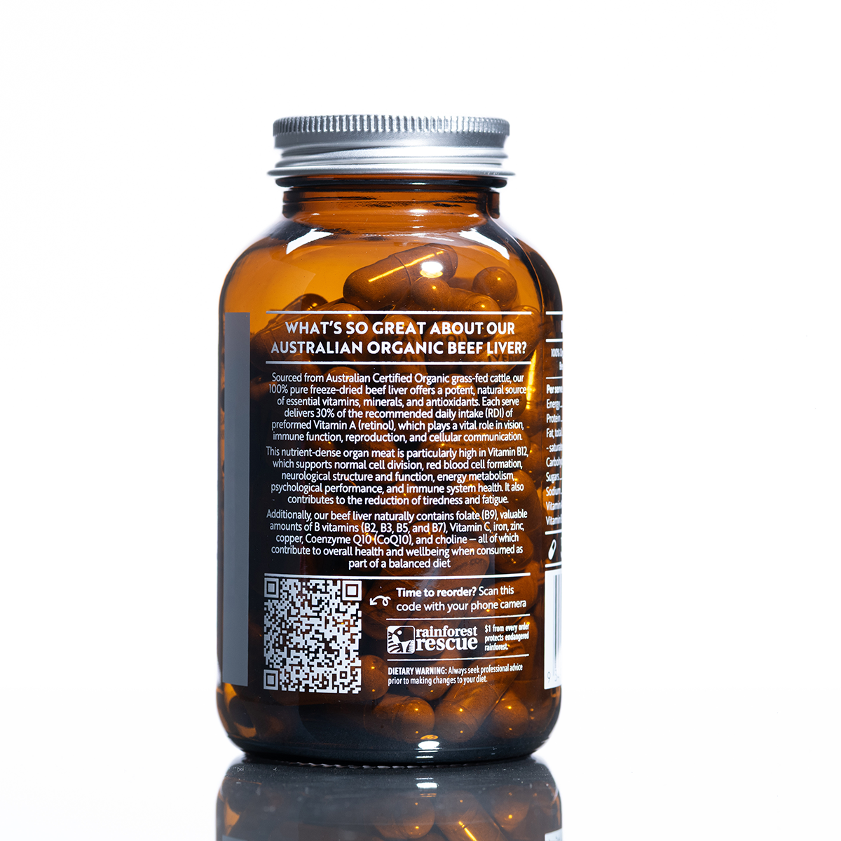 Australian Organic Beef Liver Capsules amber bottle showing dark capsules and product nutrition label on white background