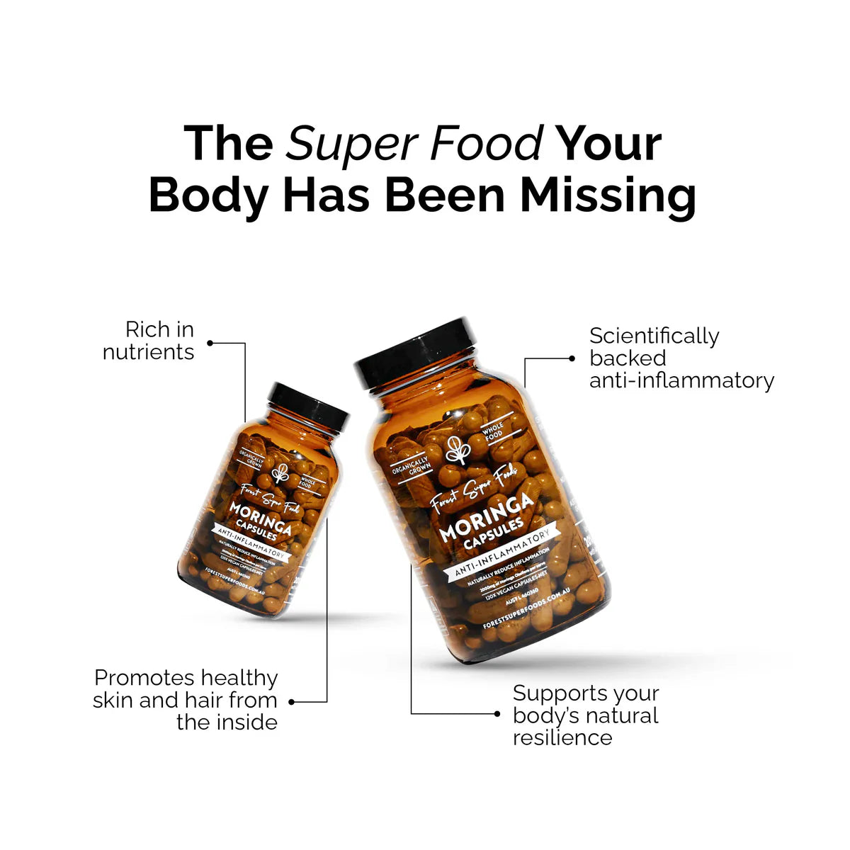 Moringa Capsules displayed on a shelf with other Forest Super Foods products.