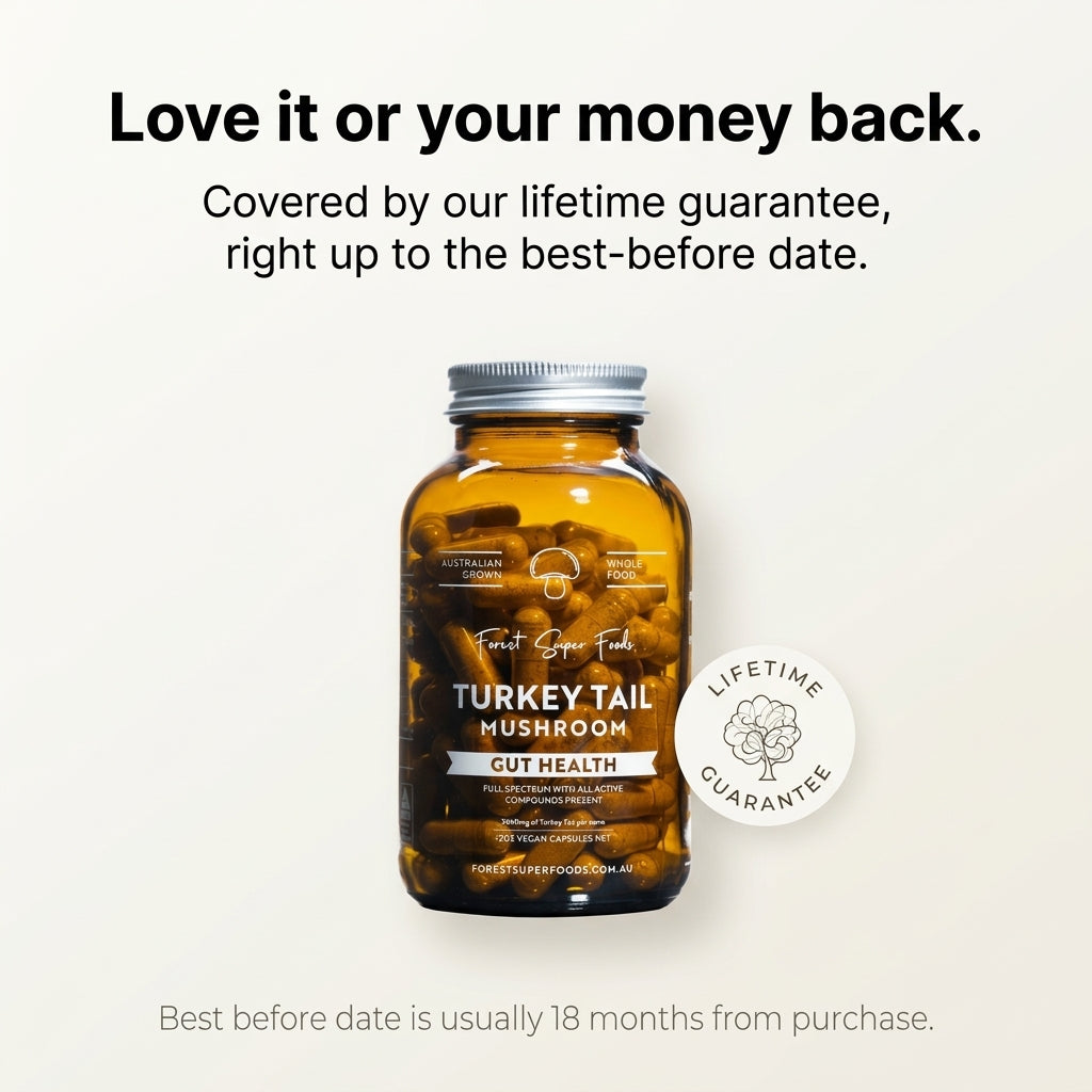 Bottle of Turkey Tail Mushroom supplement with a lifetime guarantee label on a white background